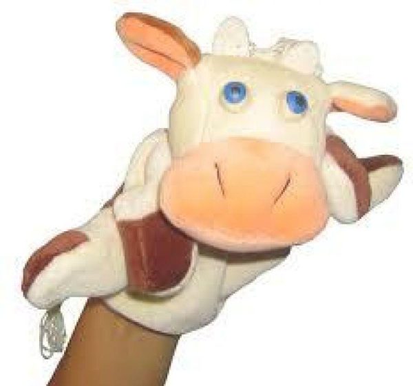 Doudou et compagnie marionnette Cerise la vache beige violet jaune bleu bonbon